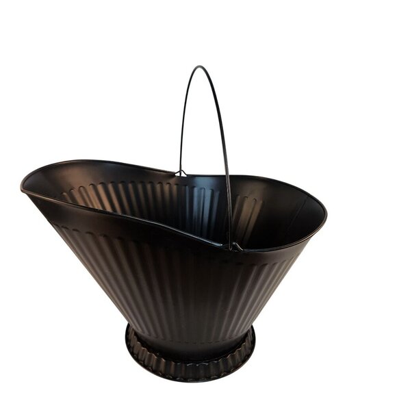 Black Wood Stove Ash Bucket Coal Container Ribbed Metal Bucket With Handle Decor - Picture 4 of 8